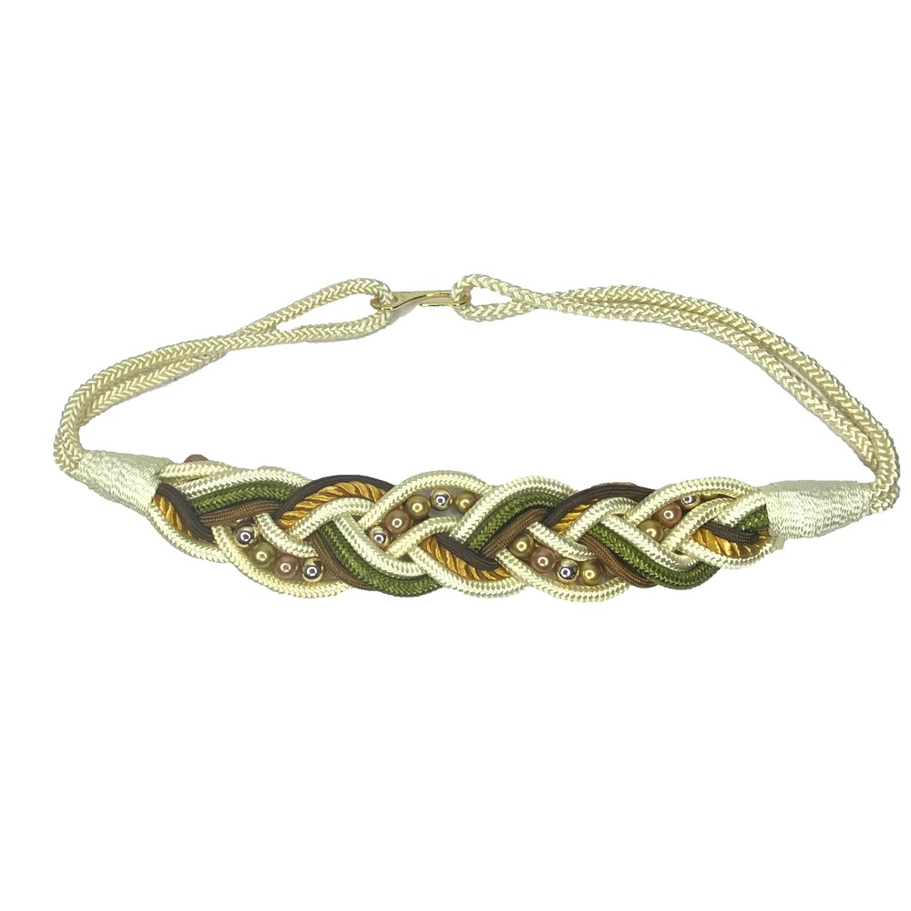 Macrame Braided Stretch Rope Belt Womens 36"-42" Cream Green Gold Beaded Hippie